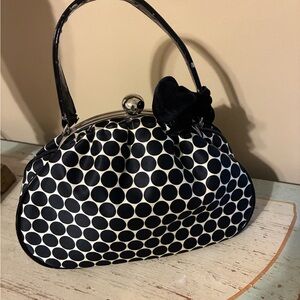 Black & White Polka Dot Satin Evening Clutch with Flower Accent